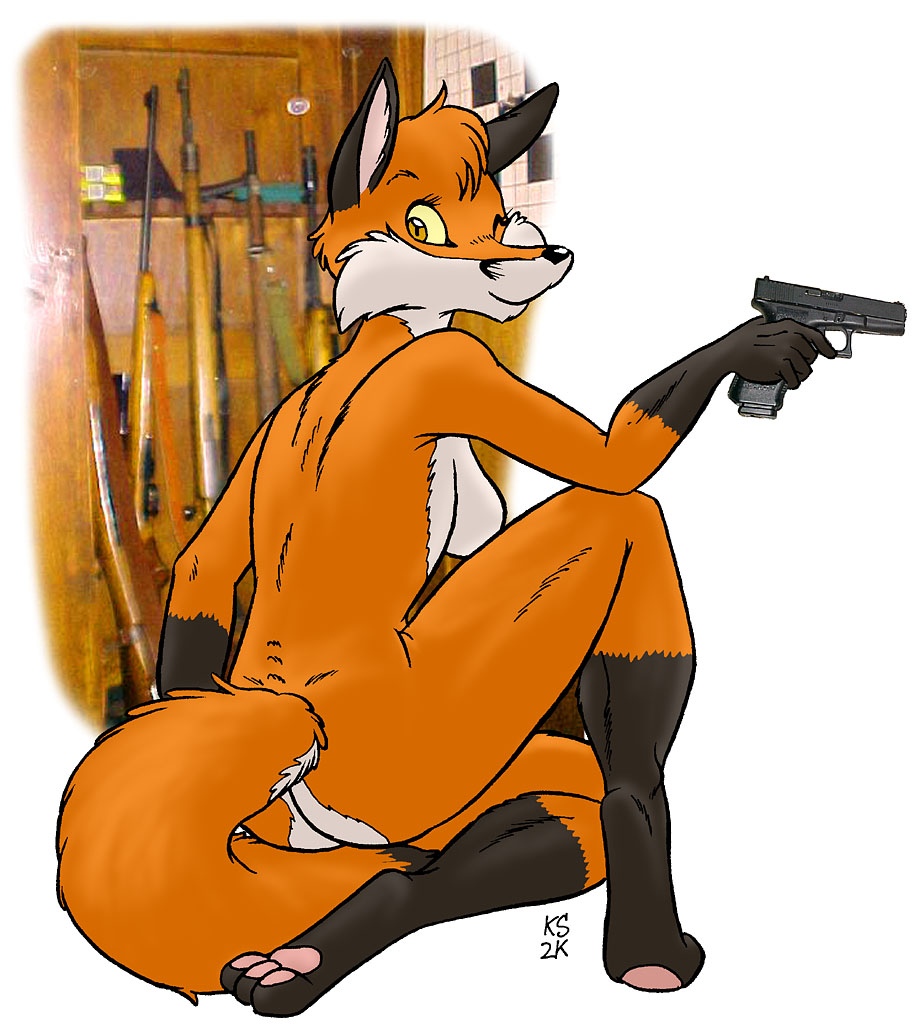 anthro black_nose breasts butt canine female fox gun holding holding_weapon ken_singshow kneeling looking_at_viewer looking_back mammal nude one_eye_closed pawpads paws ranged_weapon rear_view rifle side_boob slim smile solo tsuneko weapon wink yellow_eyes