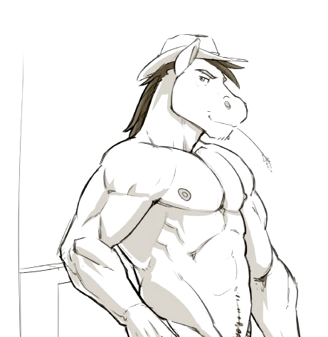 anthro bigger_version_at_the_source country equine facial_hair hay horse male mammal muscles nipples solo superslickslasher