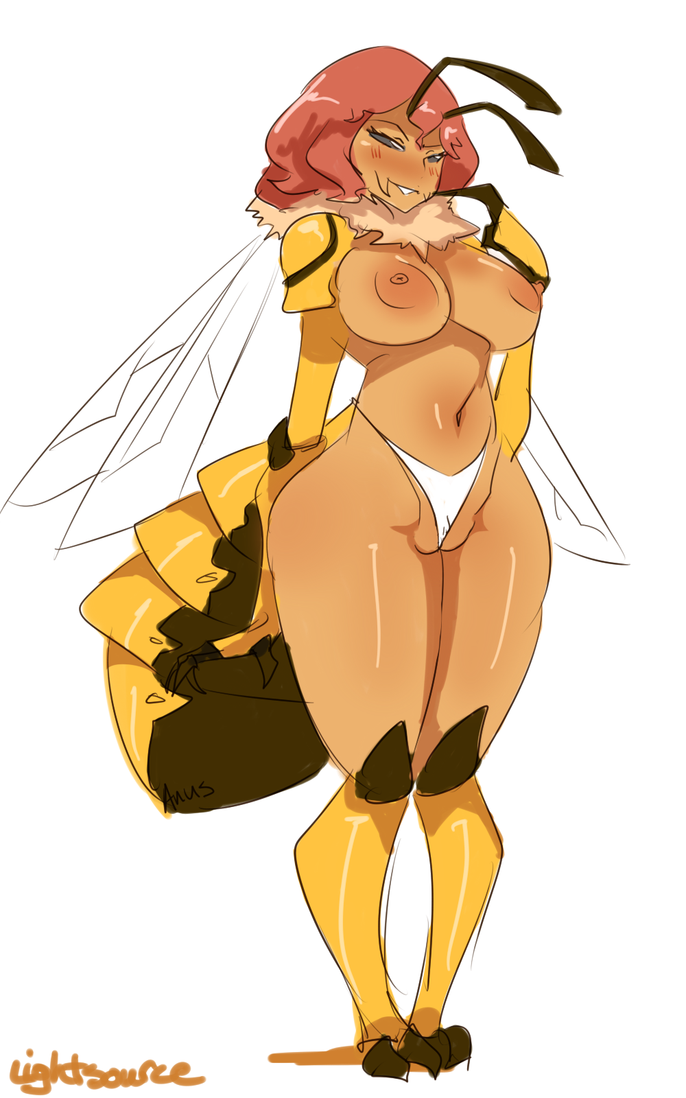 2014 antennae anthro arthropod big_breasts blush breasts claudette_(lightsource) clothed clothing digital_media_(artwork) female hair half-dressed hi_res hornet insect lightsource looking_at_viewer navel nipples plain_background red_hair solo standing topless underwear white_background wings