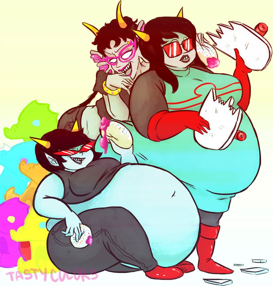 alien belly big_breasts black_hair breasts clothing eyewear fangs female glasses grey_skin group hair homestuck horn humanoid inflation latula_pyrope long_hair marine meenah_peixes ms_paint_adventures not_furry obese overweight stuffing tastyc0l0rs terezi_pyrope troll white_eyes