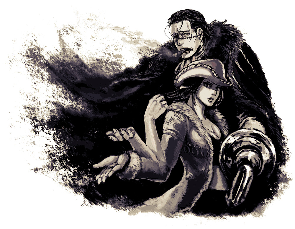 1girl black_hair breasts cigar cleavage extra_arms hat hook hook_hand iduhara medium_breasts monochrome nico_robin one_piece sand scar sepia simple_background sir_crocodile stitches white_background