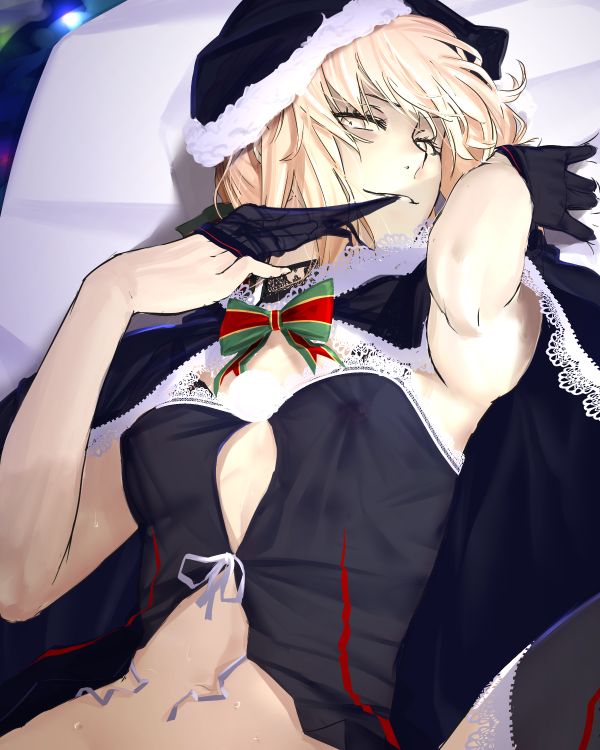 1girl artoria_pendragon_(all) babydoll bed biting black_gloves blonde_hair breasts capelet commentary_request fate/grand_order fate_(series) glove_biting gloves hat i-pan lace-trimmed_capelet lace_trim looking_at_viewer lying medium_hair navel neck_ribbon on_back ribbon saber_alter santa_alter santa_hat small_breasts smile solo yellow_eyes