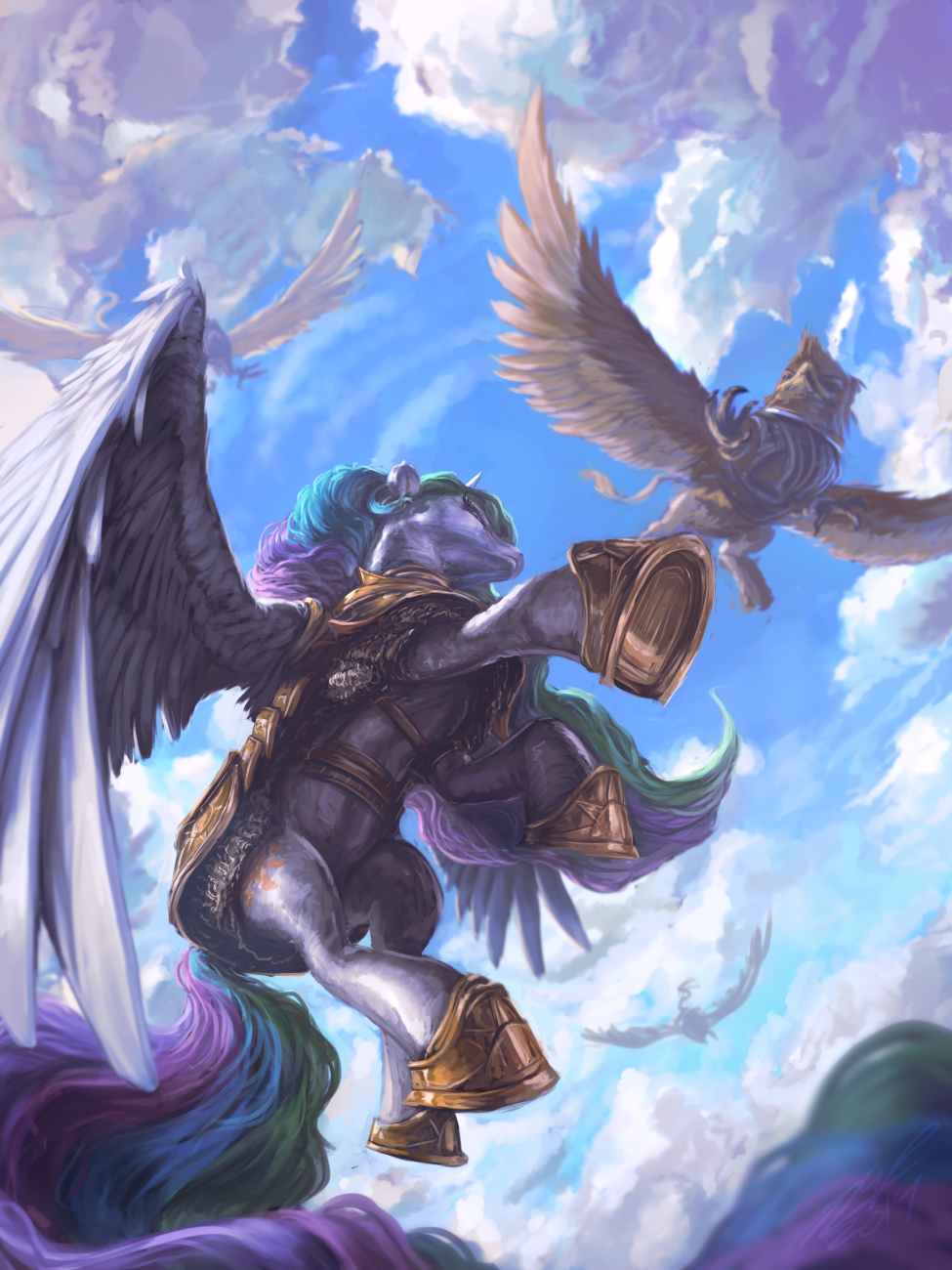 2014 armor assasinmonkey avian cloud cloudscape cutie_mark equine feathered_wings female feral flying friendship_is_magic gold group gryphon horn mammal my_little_pony outside princess_celestia_(mlp) sky winged_unicorn wings