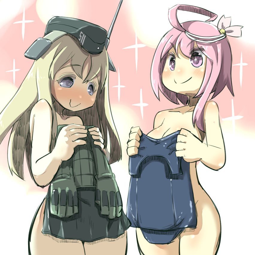 &gt;:) ahoge blonde_hair blush breasts cleavage clothes_in_front collarbone cropped_jacket garrison_cap hair_ornament hat holding holding_swimsuit i-58_(kantai_collection) kantai_collection long_hair looking_down medium_breasts military military_uniform multiple_girls nude one-piece_swimsuit pink_eyes pink_hair purple_eyes school_swimsuit smile sparkle star star-shaped_pupils swimsuit swimsuit_removed symbol-shaped_pupils u-511_(kantai_collection) u-non_(annon'an) uniform v-shaped_eyebrows wavy_mouth