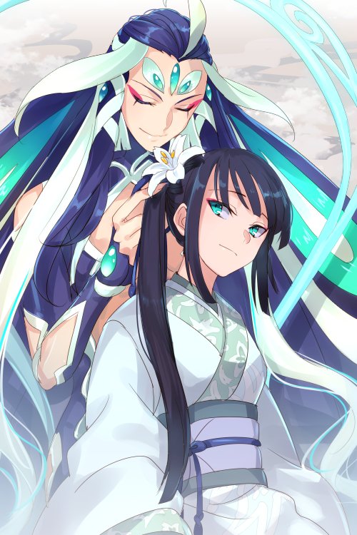 black_hair cis05 eyes_closed fate/grand_order fate_(series) flower forehead_jewel green_eyes hair_flower hair_ornament japanese_clothes jing_ke_(fate/grand_order) kimono long_hair multicolored_hair qin_shi_huang_(fate/grand_order) side_ponytail smile two-tone_hair