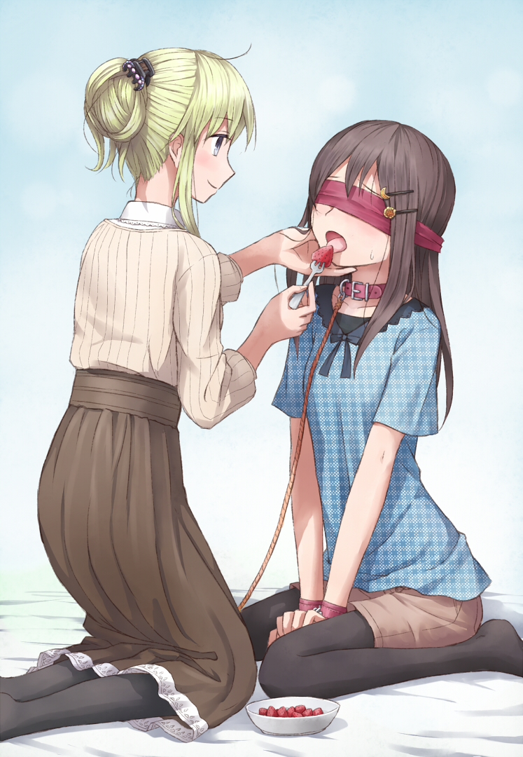 bad_id bad_pixiv_id bdsm blindfold blonde_hair bondage bound brown_eyes collar cuffs food fruit leash multiple_girls original pantyhose red_blindfold strawberry yuri yuyuzuki_(yume_usagi)