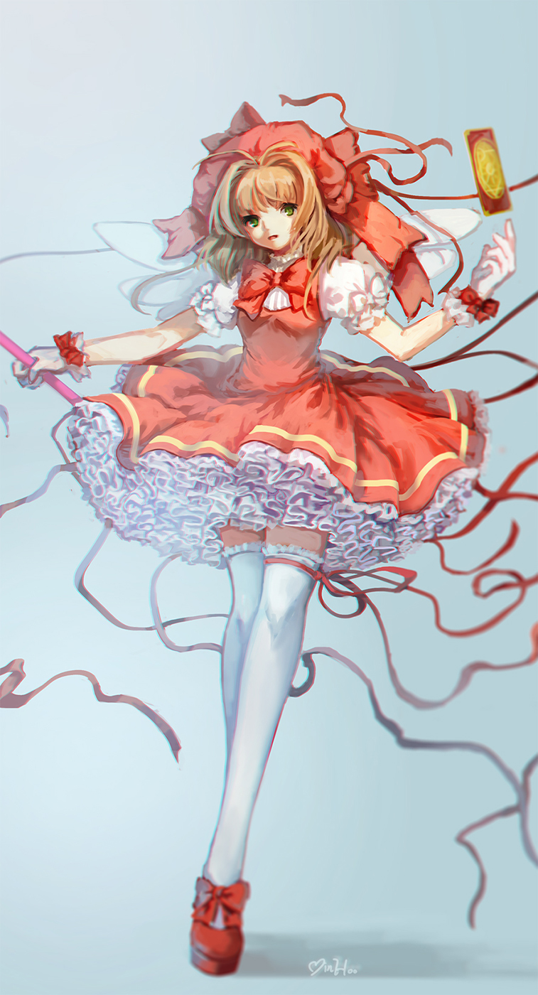 artist_name blurry bow bowtie brown_hair card cardcaptor_sakura clow_card dress floating floating_card floating_object frilled_dress frills full_body gloves grey_background hat highres kinomoto_sakura magical_girl minhoo open_mouth petticoat pink_hat puffy_short_sleeves puffy_sleeves red_bow red_dress red_footwear red_ribbon ribbon shoes short_hair short_sleeves signature simple_background solo thighhighs wand white_gloves white_legwear zettai_ryouiki