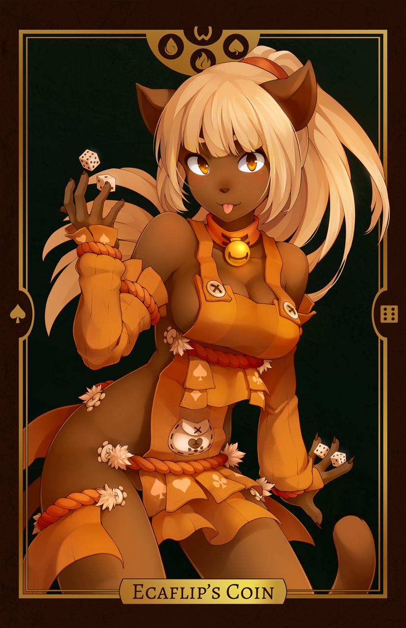 :p animal_ears bell bell_collar blush breasts cat_ears cat_tail cleavage collar dark_skin detached_sleeves dice ecaflip highres large_breasts long_hair looking_at_viewer no_bra no_panties orange_eyes ponytail ricegnat smile solo tail tongue tongue_out wakfu