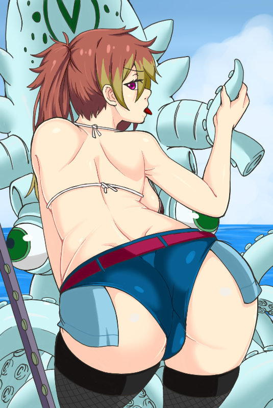 ao_no_exorcist ass back backboob bent_over bikini_top blonde_hair breasts brown_hair giant_squid kirigakure_shura large_breasts long_hair looking_at_viewer looking_back multicolored_hair ponytail purple_eyes short_shorts shorts squid thighhighs tongue tongue_out ttrop two-tone_hair weapon