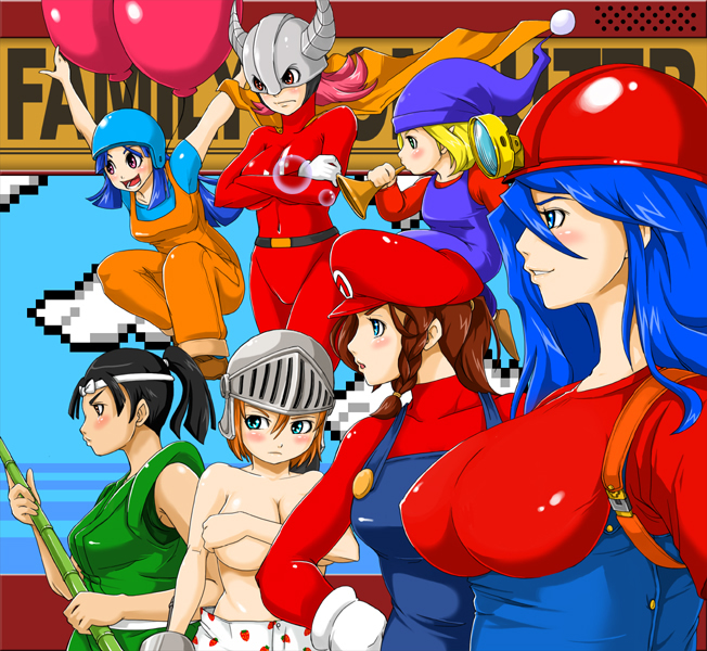 6+girls arthur balloon balloon_fight balloon_fighter bamboo black_hair blonde_hair blue_hair blush bomb_jack braid breasts brown_hair capcom clothes color covering covering_breasts crossed_arms crossover famicom female game_console genderswap gloves hair hat headband helmet huge_breasts human large_breasts makaimura mario mario_(series) mighty_bomb_jack milon milon's_secret_castle milon's_secret_castle multiple_girls nintendo orange_hair overalls ponytail super_mario_bros. wrecking_crew