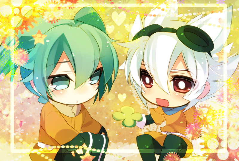 aqua_eyes blush chibi gears gloves goggles goggles_on_head green_hair heart inazuma_eleven_(series) inazuma_eleven_go inazuma_eleven_go_chrono_stone male_focus multiple_boys nekoto_maruta no_pupils open_mouth orange_eyes saryuu_evan sitting star white_hair