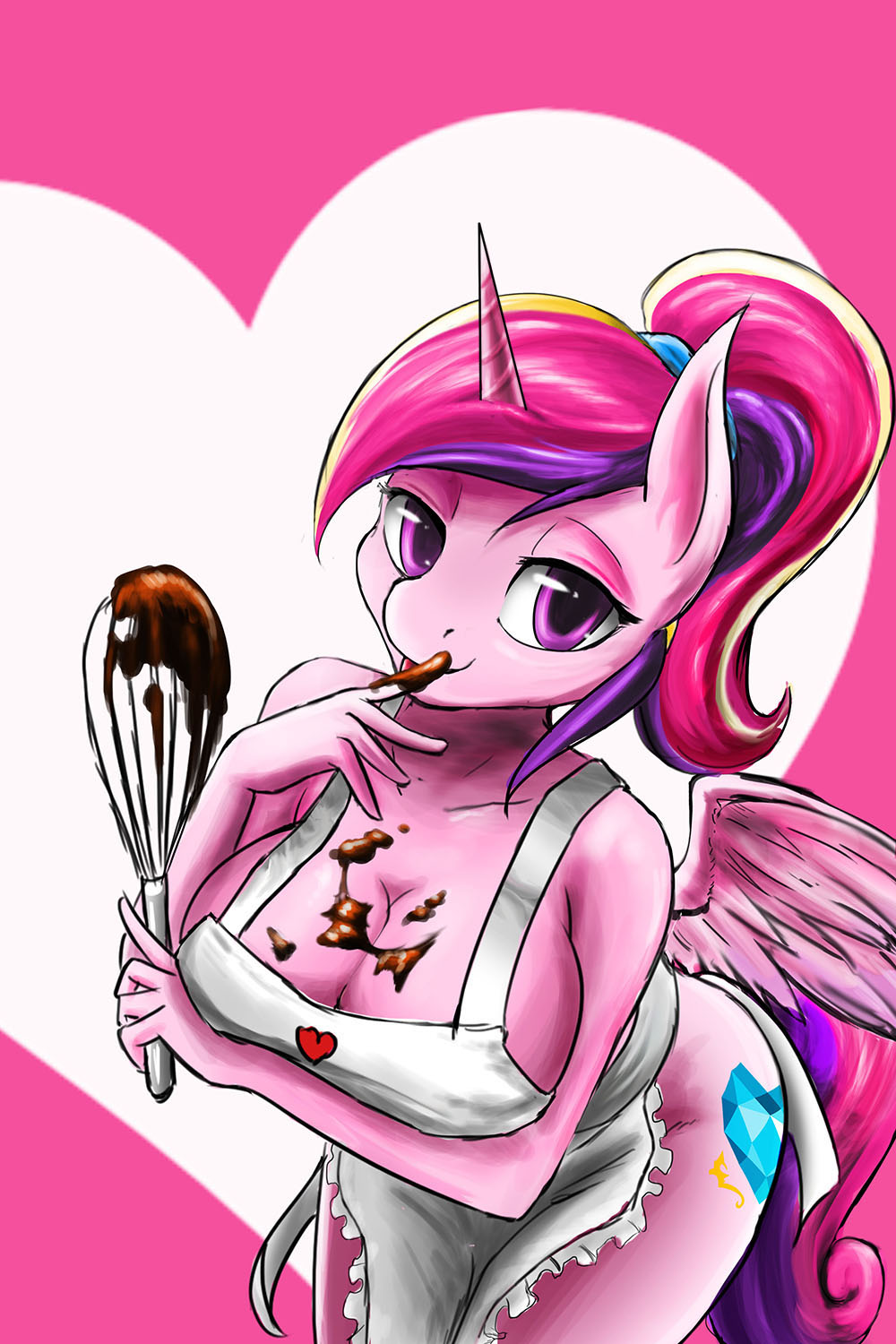 &lt;3 2015 anthro apron bedroom_eyes big_breasts bowl breasts chocolate cleavage clothed clothing d-lowell equine female friendship_is_magic fur hair holidays horn long_hair looking_at_viewer mammal multicolored_hair my_little_pony pink_eyes pink_fur princess_cadance_(mlp) smile solo standing valentine's_day whisk winged_unicorn wings