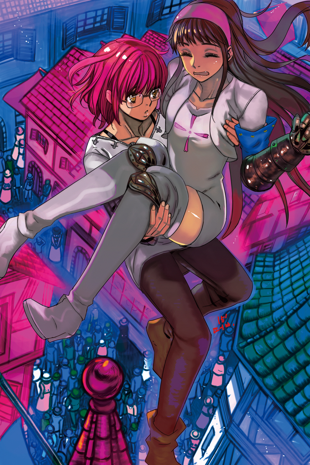 1girl androgynous black_hair boots carrying closed_eyes cropped_jacket fang floating from_above gauntlets glasses gowther grey_footwear grey_legwear guila hairband highres knee_pads long_hair nanatsu_no_taizai open_mouth pink_hair princess_carry short_hair thigh_boots thighhighs town w9 yellow_eyes