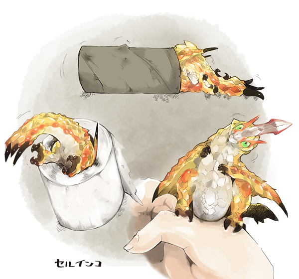 ambiguous_gender capcom claws cute disembodied_hand dragon feral gold_scales horn japanese_text monster_hunter plain_background scales scalie seregios solo spiked_tail spikes text toilet_roll video_games white_background wings wyvern