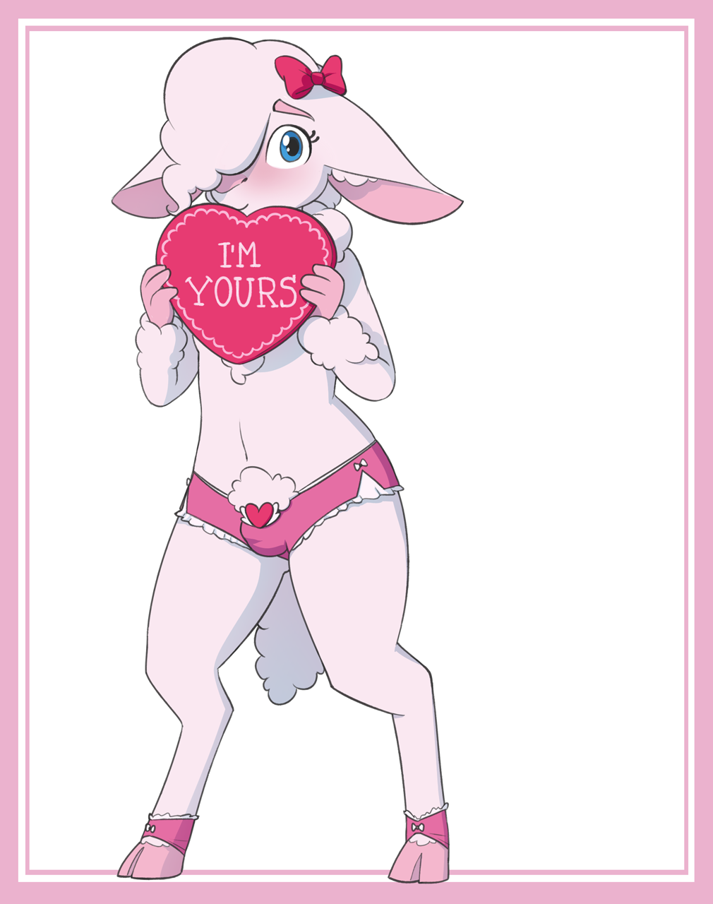 &lt;3 anthro blue_eyes blush bow bulge caprine clothing cobaltsnow cuffs cute danielle fatalfox girly holidays hooves looking_at_viewer male mammal panties sheep solo underwear valentine's_day