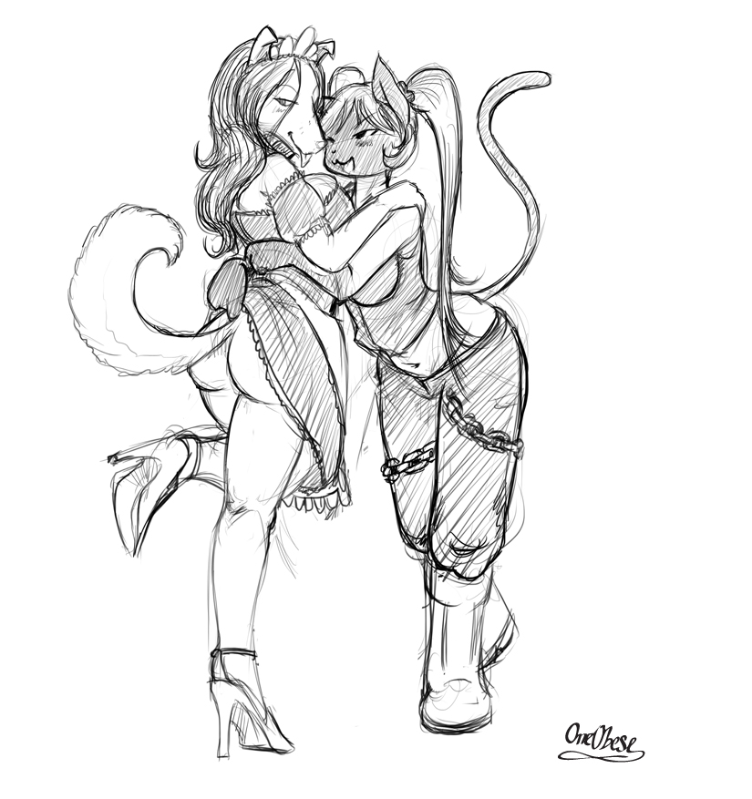 2012 anthro blush boots bottomless breasts butt canine chain clothed clothing feline female half-dressed high_heels jen kim lesbian maid_uniform mammal monochrome navel oneobese open_mouth ponytail raised_leg raised_tail shoes sketch smile tongue tongue_out
