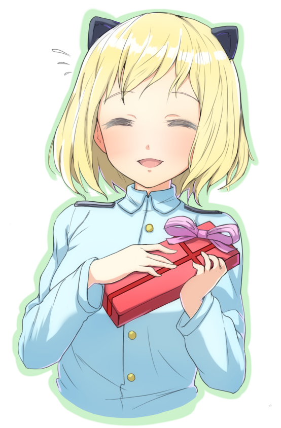 :d ^_^ animal_ears bad_id bad_pixiv_id blonde_hair blush chuuhiji closed_eyes elma_leivonen flying_sweatdrops gift holding holding_gift long_sleeves military military_uniform open_mouth outline shirt short_hair smile solo uniform upper_body white_background world_witches_series