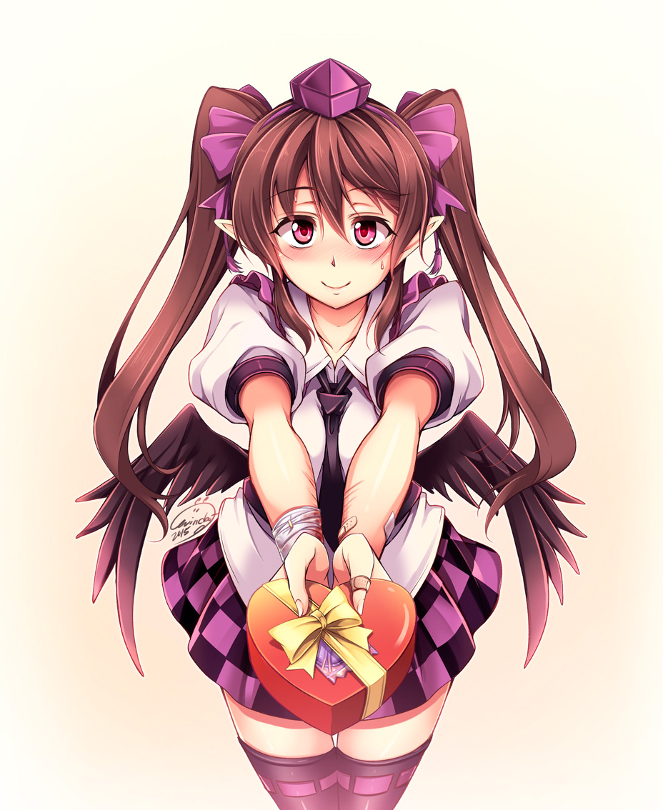 bandages bandaid bandaid_on_arm bandaid_on_finger bird_wings black_legwear black_wings blush bow box brown_hair checkered checkered_skirt chocolate chocolate_heart commentary condom cuts gift gift_box hair_bow hat hata-tan heart himekaidou_hatate injury long_hair looking_at_viewer low_wings necktie outstretched_arms pink_eyes pointy_ears puffy_short_sleeves puffy_sleeves shirt short_sleeves skirt smile solo thighhighs tokin_hat touhou twintails valentine very_long_hair windart wings zettai_ryouiki