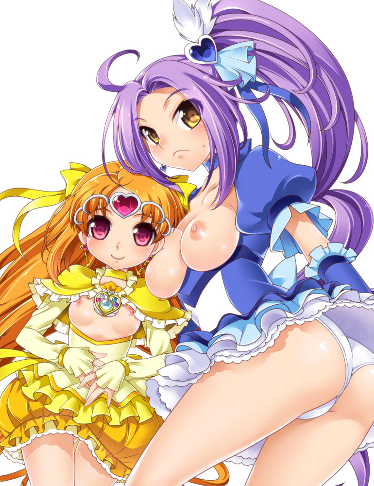 ass bangs blue_choker bow breastless_clothes breasts breasts_outside brooch bubble_skirt choker circlet cure_beat cure_muse_(yellow) earrings frills frown hair_ornament hair_ribbon heart heart_hair_ornament jewelry katsuma_rei kurokawa_eren long_hair magical_girl medium_breasts multiple_girls nipples orange_hair panties parted_bangs pink_eyes precure purple_hair ribbon seiren_(suite_precure) shiny shiny_skin shirabe_ako side_ponytail skirt small_breasts smile suite_precure underwear white_background white_panties yellow_bow yellow_choker yellow_eyes