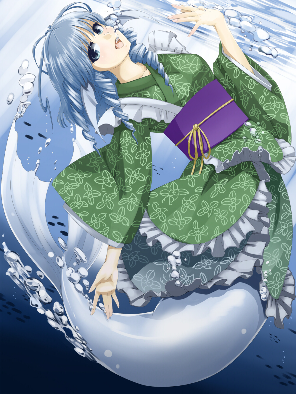 \||/ blue_eyes blue_hair breasts bubble collarbone double_\||/ drill_hair frilled_kimono frills full_body head_fins highres japanese_clothes kazu_(rakugakino-to) kimono light_rays looking_at_viewer medium_breasts mermaid monster_girl obi open_mouth sash smile solo touhou underwater wakasagihime