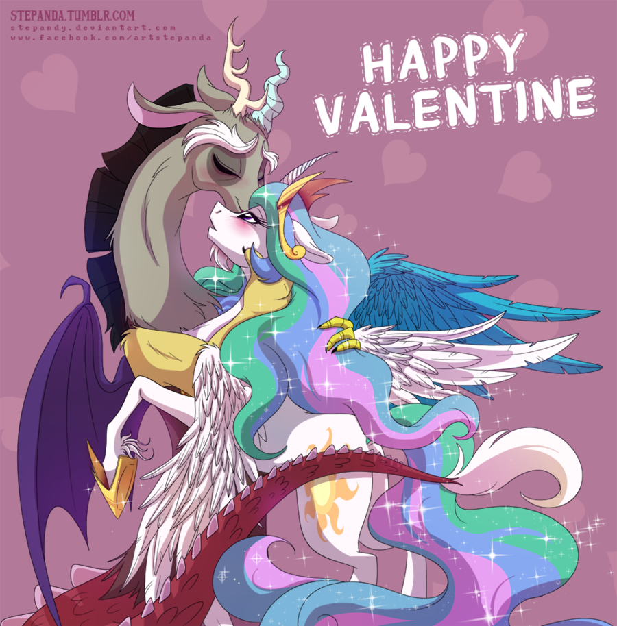 &lt;3 2015 blush discord_(mlp) equine female friendship_is_magic holidays horn hug male mammal my_little_pony princess_celestia_(mlp) stepandy valentine's_day winged_unicorn wings