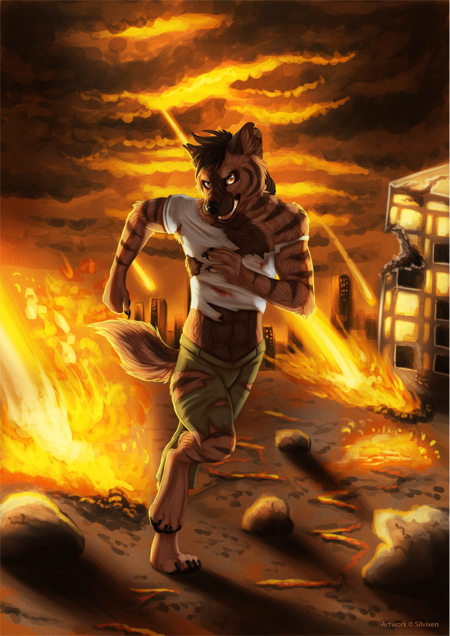 2015 abs anthro apocalypse back_hair body_hair clothing fire_balls grimmjow grin hyena looking_at_viewer male mammal meteors muscles piercing silvixen sky smile solo striped_hyena stripes torn_clothing