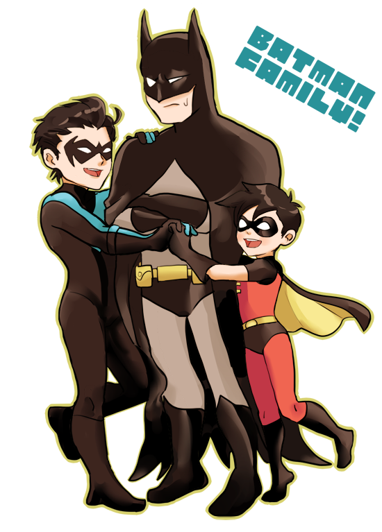 3boys batman batman_(series) black_hair bodysuit boots brothers bruce_wayne cape crossed_arms dc_comics dcau dick_grayson domino_mask family father_and_son hug male male_focus mask multiple_boys nightwing robin_(dc) siblings tim_drake