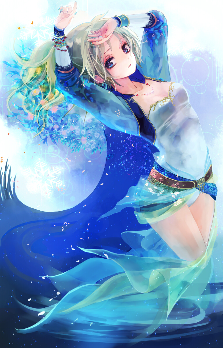 alternate_hairstyle arms_up beads blue_eyes bracelet breasts cape cleavage collarbone final_fantasy final_fantasy_vi green_hair hair_down jewelry kiisa light_particles long_hair looking_at_viewer necklace open_mouth small_breasts smile solo tina_branford