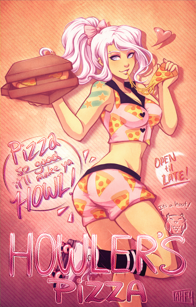 alternate_hairstyle ass blue_eyes borrowed_character bow breasts eyebrow_piercing eyeshadow food hair_bow heart holding_pizza howler_(owler) iahfy long_hair makeup medium_breasts midriff original piercing pizza pizza_box pizza_delivery ponytail roller_skates shorts skates socks solo tattoo waitress