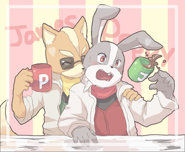 blush canine clothed clothing coffee duo fox gay hare james_mccloud kissing lagomorph male mammal peppy_hare surprise