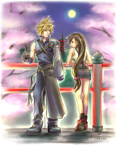 against_fence cherry_blossoms cloud_strife cloud_tifa fence final_fantasy final_fantasy_vii from_behind moon night outdoors sky tifa_lockhart tifa_lockheart