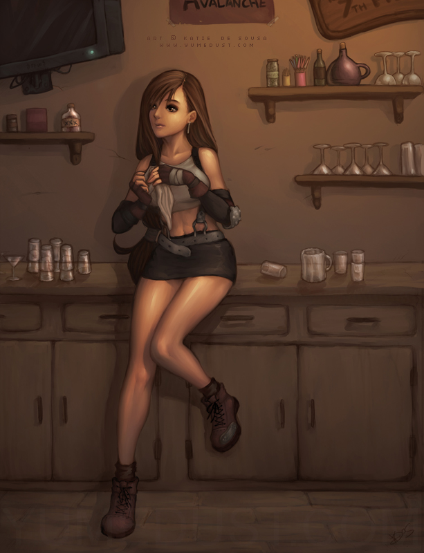 1girl bar belt black_hair bottle cleaning cup cupboard earrings female final_fantasy final_fantasy_vii fingerless_gloves glass gloves jar jewelry margaretta_glass midriff mug skirt solo suspenders television tifa tifa_lockhart tifa_lockheart towel wineglass