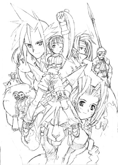 4boys 4girls aerith_gainsborough animal barret_wallace cait_sith cid_highwind cloud_strife daughter everyone family father female final_fantasy final_fantasy_vii goggles male marlene_wallace monochrome multiple_boys multiple_girls outline polearm red_xiii simple_background spear standing tifa_lockhart vincent_valentine weapon yuffie_kisaragi