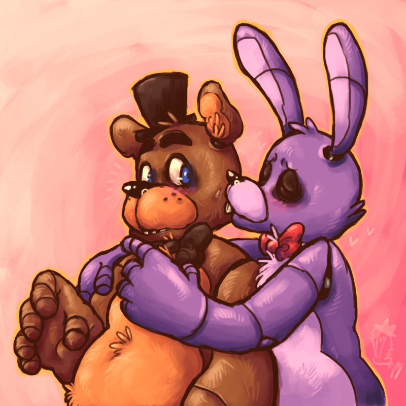 animatronic bear blush bonnie_(fnaf) bow_tie duo eyes_closed five_nights_at_freddy's freddy_(fnaf) gay hug kissing lagomorph machine male mammal marikuishiyutaru mechanical rabbit robot