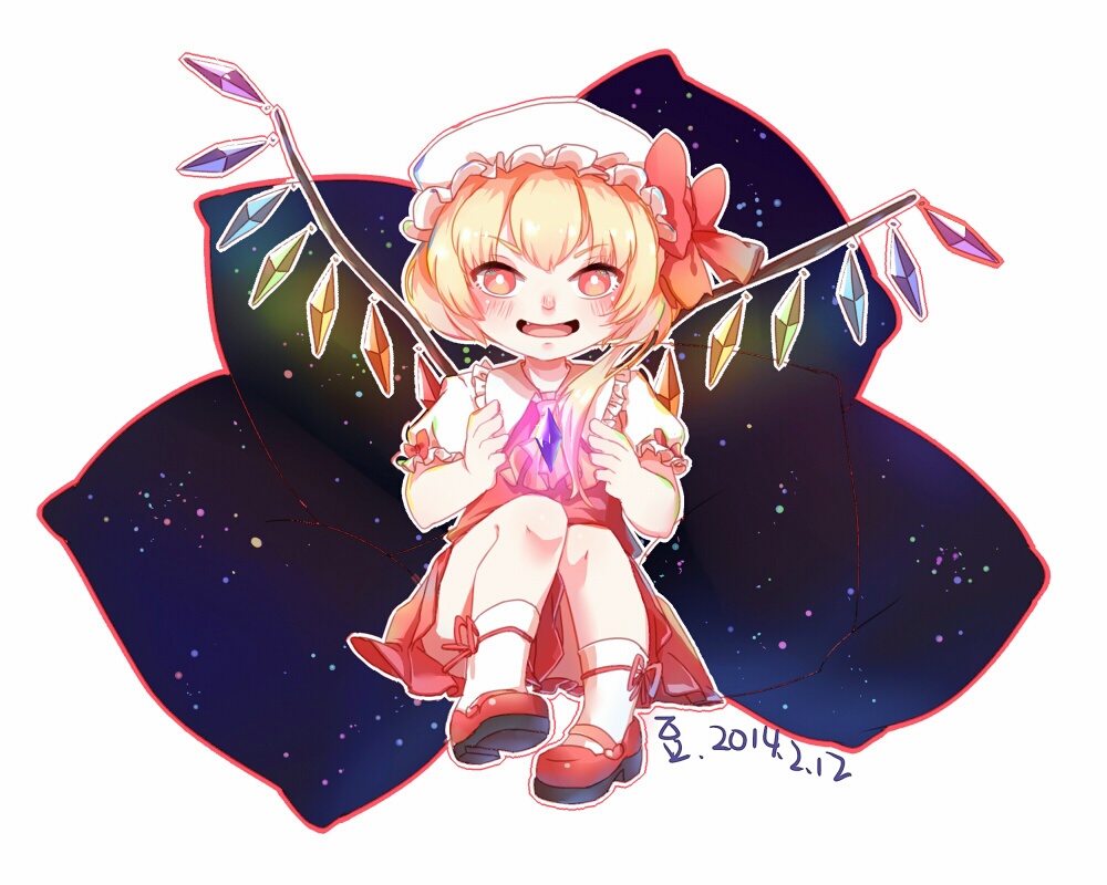 :d ascot bad_id bad_pixiv_id blonde_hair flandre_scarlet hat long_hair looking_at_viewer mame_(yangqi787) mary_janes mob_cap open_mouth orange_eyes shoes side_ponytail sitting smile solo touhou v-shaped_eyebrows wings