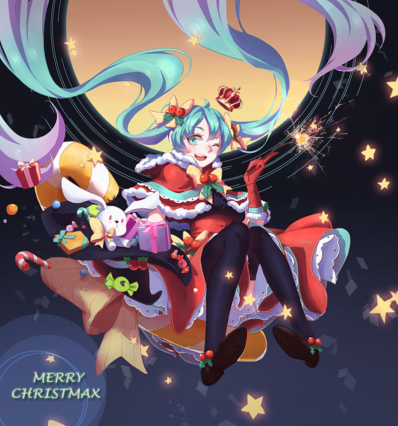 ;d ahoge bad_id bad_pixiv_id black_legwear blue_eyes blue_hair bow box bunny candy candy_cane capelet christmas crown food gift gift_box gloves hair_bow hair_ribbon hatsune_miku holly long_hair looking_at_viewer mame_(yangqi787) merry_christmas mini_crown one_eye_closed open_mouth red_gloves ribbon sitting smile solo star stuffed_animal stuffed_bunny stuffed_toy thighhighs very_long_hair vocaloid