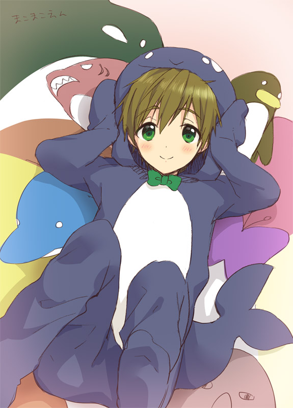 animal_costume blush bow bowtie brown_hair bug butterfly dolphin free! funikurikurara green_eyes insect iwatobi-chan male_focus open_mouth smile solo stuffed stuffed_animal stuffed_penguin stuffed_shark stuffed_toy tachibana_makoto whale_costume