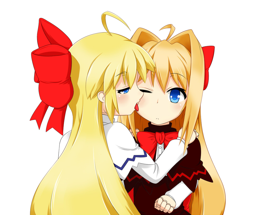 ahoge blonde_hair blue_eyes capelet doll_joints face_licking frown hair_ribbon half-closed_eyes hands_on_another's_shoulders hitotsubashi_inari hourai_doll licking long_hair long_sleeves looking_at_viewer multiple_girls one_eye_closed profile ribbon shanghai_doll simple_background touhou white_background yuri