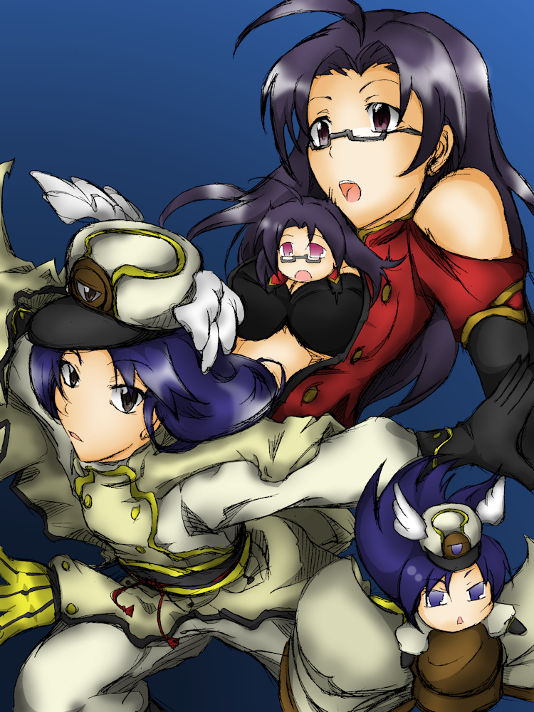 4girls arc_system_works artist_request bare_shoulders between_breasts black_hair blazblue blue_eyes blue_hair breasts chinese_clothes clone cosplay female glasses hat idolmaster imai_asami kisaragi_chihaya litchi_faye_ling litchi_faye_ling_(cosplay) long_hair looking_at_viewer minigirl miura_azusa multiple_girls namco open_mouth purple_eyes seiyuu_connection serious takahashi_chiaki tsubaki_yayoi tsubaki_yayoi_(cosplay) uniform