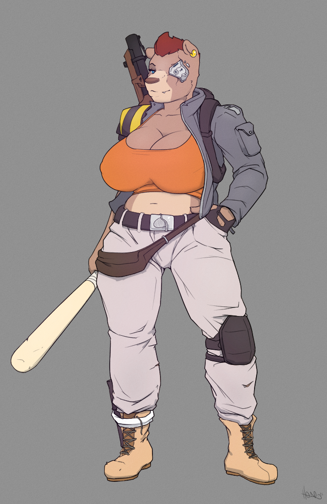 baseball_bat bear big_breasts boots breasts brown_fur chubby clothed clothing female fur gloves hair hear huge_breasts jacket mammal pieced_ear red_hair weapon
