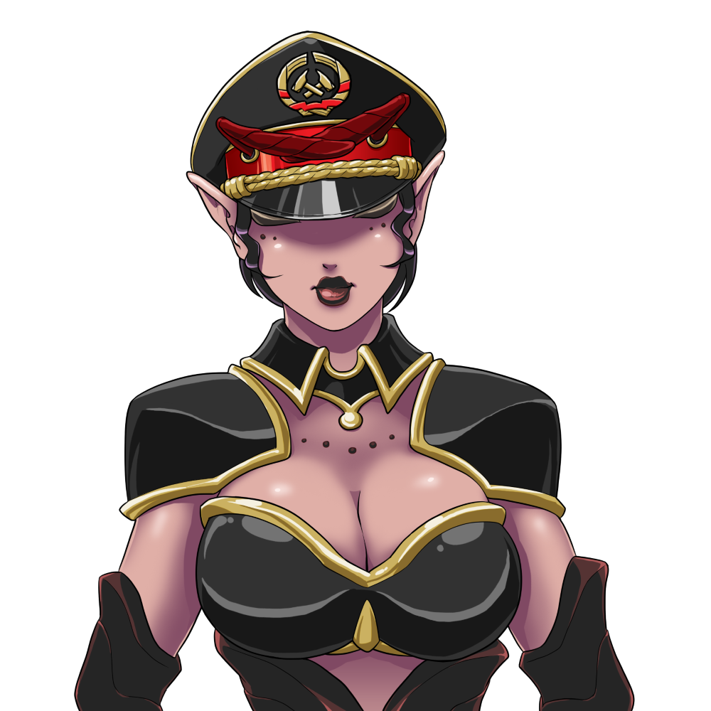 ant antennae armor arthropod black_lips breasts cleavage clothed clothing female hat insect jacques00 lips myr pointy_ears purple_skin solo trials_in_tainted_space