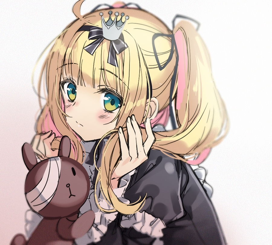 1girl bandage_over_one_eye bangs black_bow black_dress black_ribbon blonde_hair blurry blurry_background blush bow brown_background closed_mouth crown depth_of_field dress eyebrows_visible_through_hair fingernails gothic_lolita gradient gradient_background green_eyes hair_bow hands_up juliet_sleeves lolita_fashion long_hair long_sleeves looking_at_viewer mini_crown multicolored_hair original pikomint pink_hair puffy_sleeves ribbon solo streaked_hair stuffed_animal stuffed_bunny stuffed_toy twintails white_background