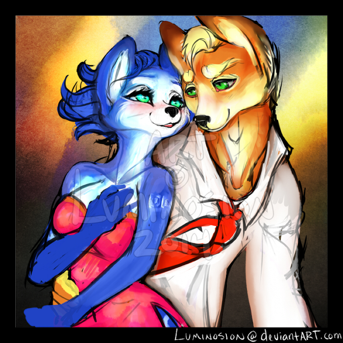 canine clothed clothing dress duo female fox fox_mccloud hand_on_hip krystal love luminosion male mammal necktie nintendo smile star_fox straight video_games