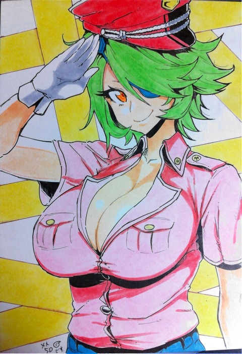breasts gloves green_hair hat huge_breasts meme50 otonashi_kiruko police police_uniform policewoman shinmai_fukei_kiruko-san short_hair solo uniform