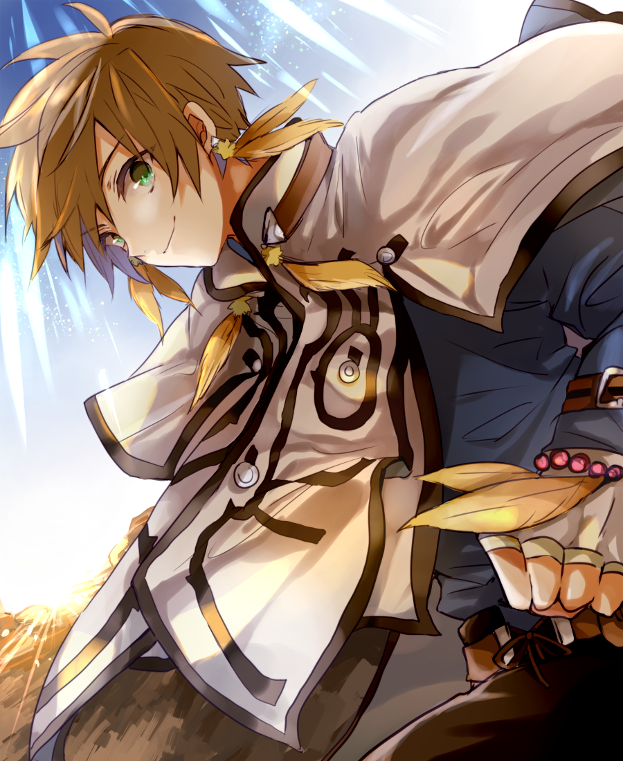brown_hair capelet feathers fingerless_gloves gloves green_eyes hyouseki_ren male_focus smile solo sorey_(tales) tales_of_(series) tales_of_zestiria