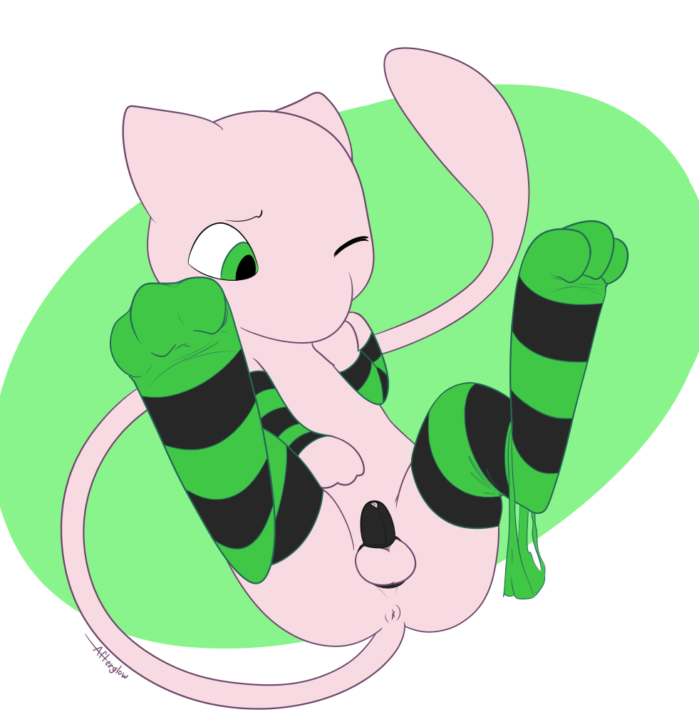 2015 afterglow_ampharos anus arm_warmers balls big_feet butt cameo_(javeloz) chastity chastity_cage clothing digitigrade feral green_eyes leather_chastity_cage legs_up legwear long_tail looking_down lying male mew nintendo on_back one_eye_closed panties panties_down penis pok&eacute;mon solo stockings striped_armwear striped_footwear striped_legwear thigh_highs uncut underwear video_games