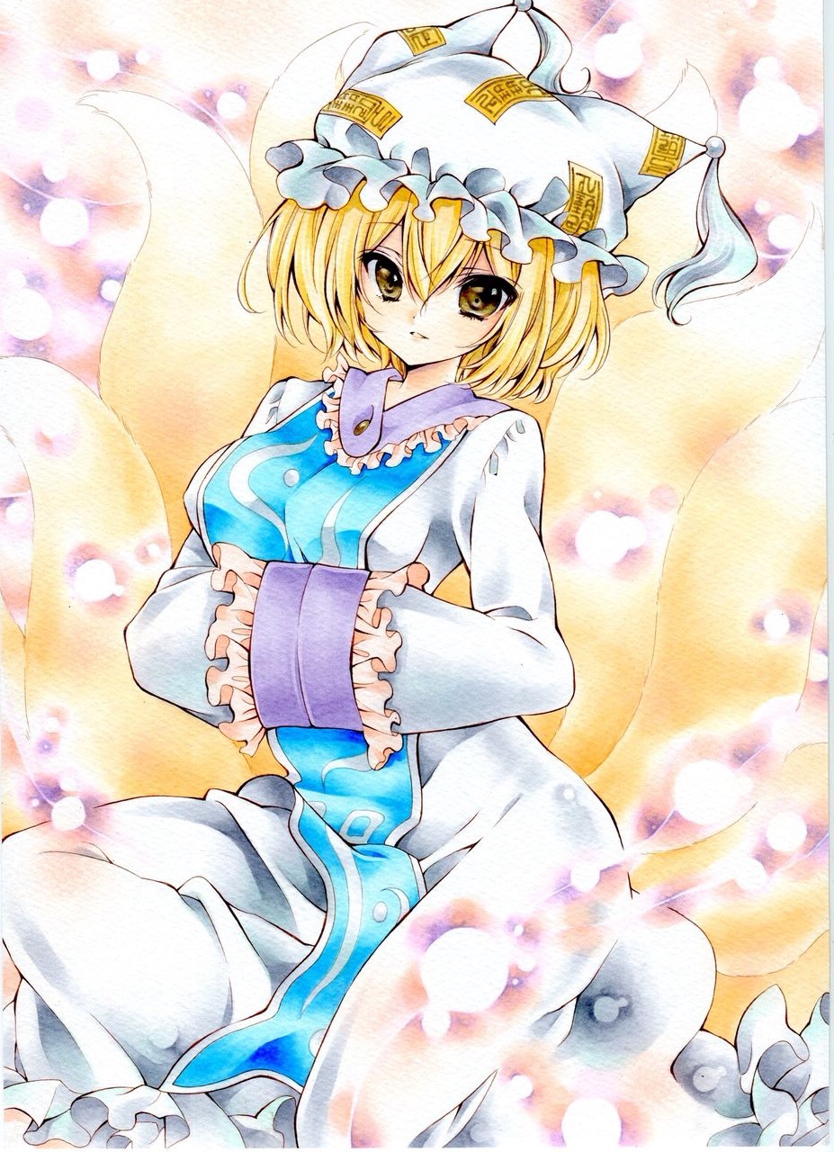 animal_ears blonde_hair brown_eyes dress fox_ears fox_tail frills hands_in_opposite_sleeves hat highres izumo_neko light_particles long_sleeves looking_at_viewer mob_cap multiple_tails parted_lips short_hair smile solo tabard tail touhou traditional_media white_dress wide_sleeves yakumo_ran