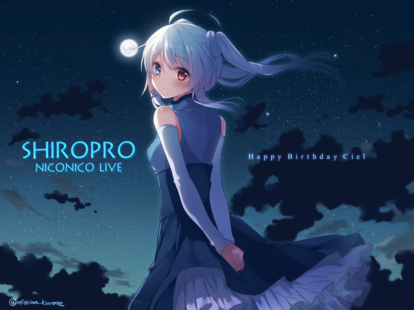 arms_behind_back bad_id bad_pixiv_id bare_shoulders blue_eyes blush ciel_sacred detached_sleeves dress heterochromia long_hair looking_at_viewer looking_back mishima_kurone moon night night_sky original red_eyes shirokami_project silver_hair sky smile solo twintails white_hair
