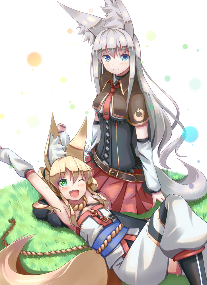 ;d akiyasu animal_ears armpits arms_up belt black_legwear blonde_hair blue_eyes blush borrowed_character detached_sleeves elvy_frost fang fox_ears fox_tail grass green_eyes grey_hair kitsunezuka_kyuu long_hair looking_at_viewer lying multiple_girls necktie on_back one_eye_closed open_mouth original outstretched_arms pants pleated_skirt shirt sidelocks sitting skirt smile tail thighhighs white_background