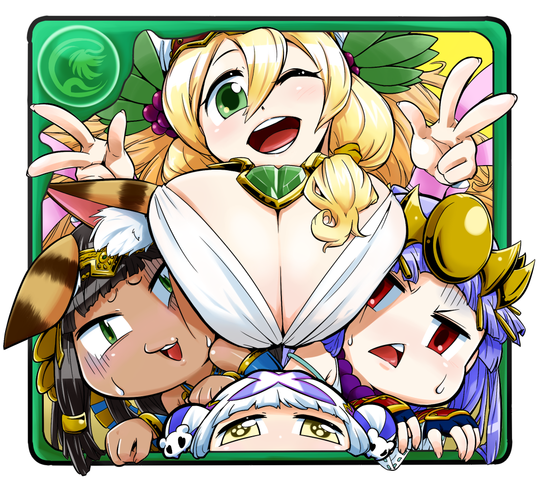 3girls :3 ;d animal_ears armor bastet_(p&amp;d) black_hair blonde_hair blush breasts cat_ears cat_hair_ornament cleavage cramped dark_skin double_bun double_v egyptian fingerless_gloves fourth_wall freyja_(p&amp;d) gloves green_eyes hair_ornament haku_(p&amp;d) hat headpiece huge_breasts japanese_armor jewelry long_hair multicolored_hair multiple_girls necklace one_eye_closed open_mouth purple_hair puzzle_&amp;_dragons red_eyes shoulder_armor smile sode tokkyuu_mikan two-tone_hair v white_hair yellow_eyes yomi_(p&amp;d)